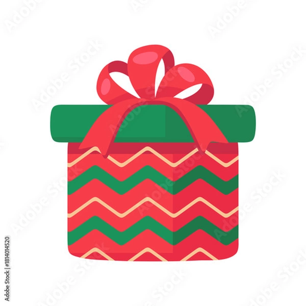 Fototapeta Festive Christmas Gift Box with Red Bow and Green Zigzag Pattern