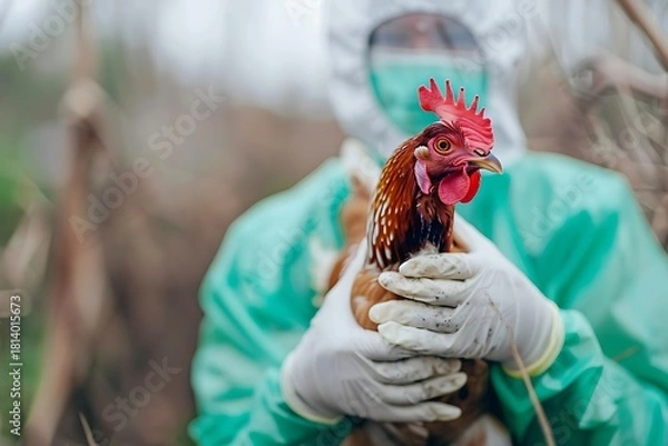 Fototapeta Veterinarian holding chicken inspecting avian flu pandemic