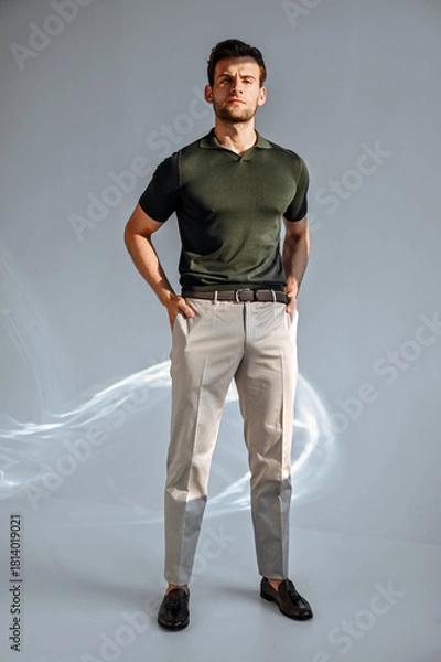 Obraz A man in a green T-shirt poses against a concrete wall, standing casually with one knee bent. The raw texture of the background adds a bold, contemporary fashion edge.