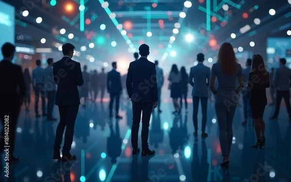 Fototapeta A network of connected people with a large group of employees. Organized communication system between company workers. Decentralized networking communication. Partnerships, business relations