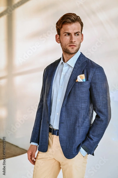 Obraz A grayscale portrait of a man in a blazer, creating a dramatic and artistic feel with strong contrast and expressive styling.