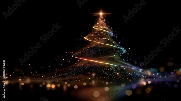 Fototapeta Christmas Tree of Light: An abstract representation of a Christmas tree is illuminated by dazzling lights, sparkling and radiating warmth in the darkness. Symbol of the season