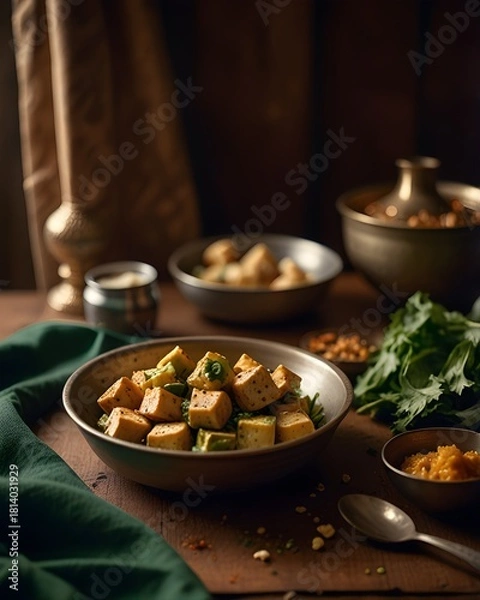Fototapeta A rustic bowl of spiced paneer cubes served with herbs and condiments on a wooden table. Warm lighting enhances the traditional Indian flavors in this cozy food scene.