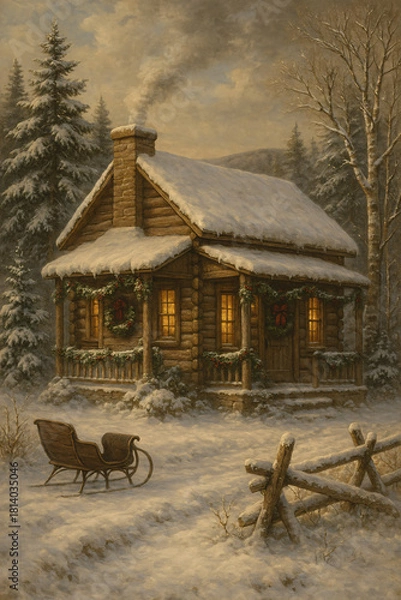 Fototapeta Snow Covered Rustic Christmas Cabin with Festive Wreath and Winter Landscape