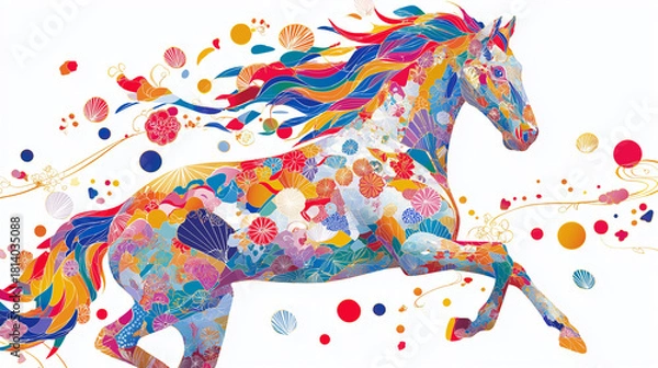 Obraz 和柄の中を駆ける午が新年を告げる、2026年の年賀状にぴったりな和風イラスト。縁起の良いデザインが魅力。