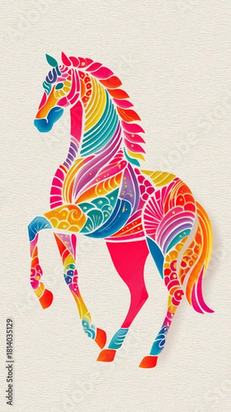 Obraz 伝統文様に包まれた駿馬が祝う、2026年干支の年賀イラスト。日本的な美しさが際立つ和風グラフィック素材。