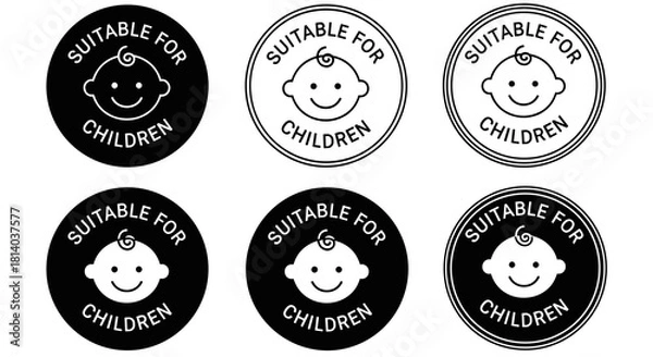 Fototapeta Suitable for Children Icons Set: Black and White Baby Symbol Design for Toy Safety, Education and Healthcare Marketing Materials, Circle Stamp Collection in Vector Format with Smiling Face, Childcare