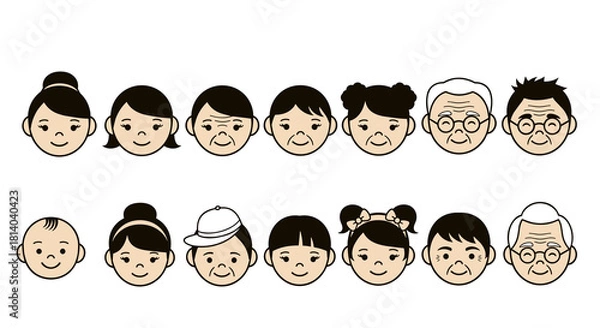 Fototapeta Diverse Cartoon Family Faces Representing Generational Stages Illustration, Showing Baby, Children, Adults, Elderly Characters in a Row for Education, Healthcare, Business Presentations and Creative D