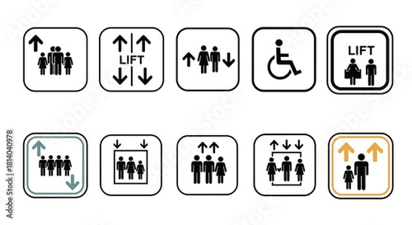 Fototapeta Elevator Signage Compilation: Indicating Lift Access and Direction for Passengers in Buildings, Office Spaces, and Public Areas Using Clear Symbols for Accessibility and Navigation, a Versatile Graphi