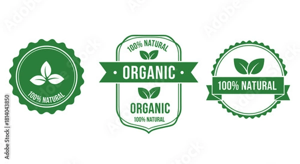 Fototapeta Green Organic Product Labels for Sustainable Business Practices and Eco-Friendly Marketing: Eco-Conscious Badges for Natural Foods and Healthcare, Promoting Wellness and Environmental Awareness, Moder