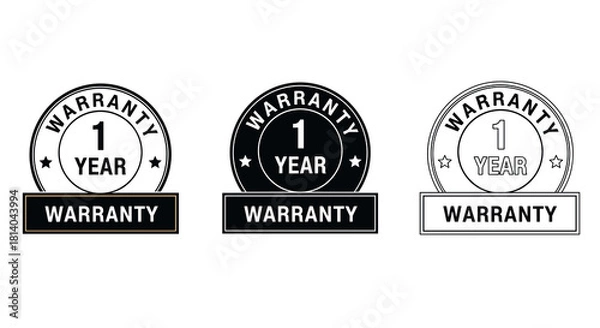 Fototapeta One Year Warranty Seal Design Presentation: Guarantee, Protection, Assurance & Support - Black, White & Outline Logos for Business, eCommerce & Retail Products Marketing (Modern, Simple, Minimalist, V