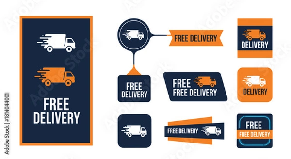 Fototapeta Express Delivery Service Logos:  Fast Shipping Icons for E-commerce & Retail  Marketing,  Modern Graphics for Online Business, Distribution, Logistics  Promo,  Graphic Design Elements with Vans, Couri