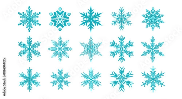 Fototapeta Collection of Turquoise Snowflakes for Winter Holiday Designs: Decorative Graphic Resource with Frozen Crystal Shapes,  Ornamental Snow Flurries for Festive Seasonal Invitations,  Christmas and New Ye