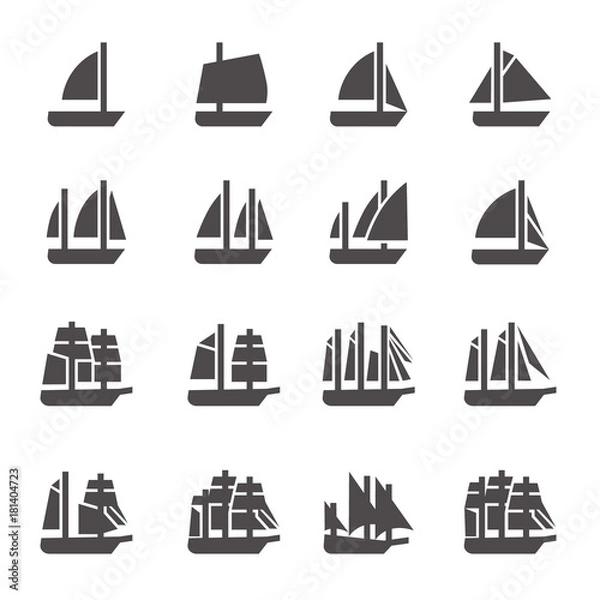 Fototapeta Icons of sailing ships in glyph style / There are ships like cat, yal, sloop, cutter, ketch, Bermuda schooner, yol, tender, brig, brigantine