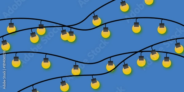 Fototapeta Hanging yellow string lights seamless pattern on blue background, festive decorative holiday design for celebration and party themes