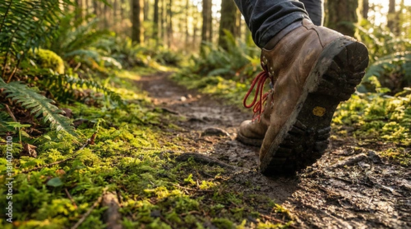 Obraz A hiker's boot stepping on a mossy forest path, enveloped by greenery. Perfect for outdoor activity promotions or fitness content.