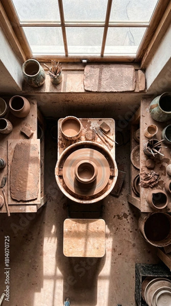 Obraz An aerial perspective of a pottery studio featuring a potter's wheel and tools, suitable for educational materials about pottery.