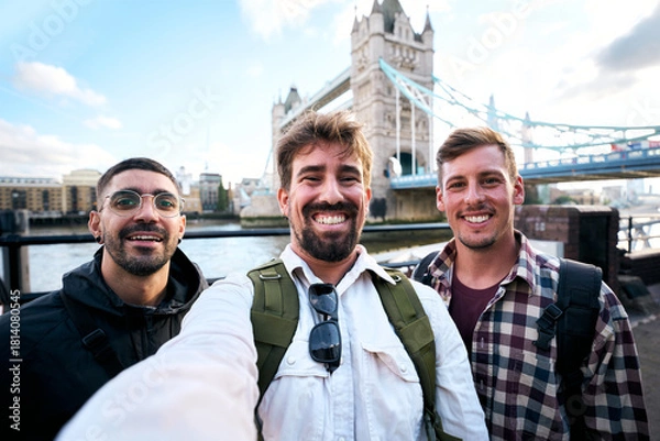 Fototapeta Three cheerful friends take a selfie by Tower Bridge in London, backpacks on and city views behind them. A candid travel moment with bright smiles beside the River Thames.