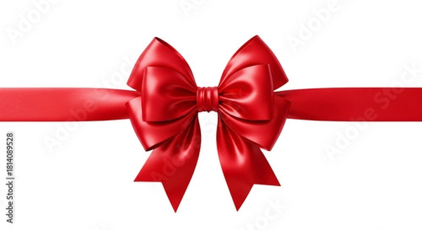 Obraz Shiny red satin gift bow tied on a ribbon horizontally across a transparent background, isolated on transparent background