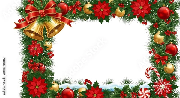 Obraz Christmas wreath frame border decorated with golden bell, red poinsettia flower, ornament, bow, candy cane, and snow isolated on transparent background