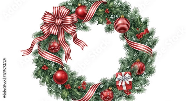 Obraz Beautiful watercolor illustration of a festive christmas wreath decorated with red ornaments, holly berries, and a large striped bow, isolated on transparent background