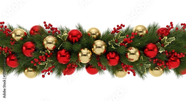 Obraz Festive christmas garland border decoration with shiny red and gold baubles, holly, and red berry accents isolated on transparent background