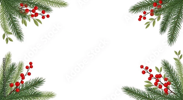 Obraz Christmas frame border with realistic fir tree branch corner decoration and bright red holly berry cluster isolated on transparent background for holiday greeting card design