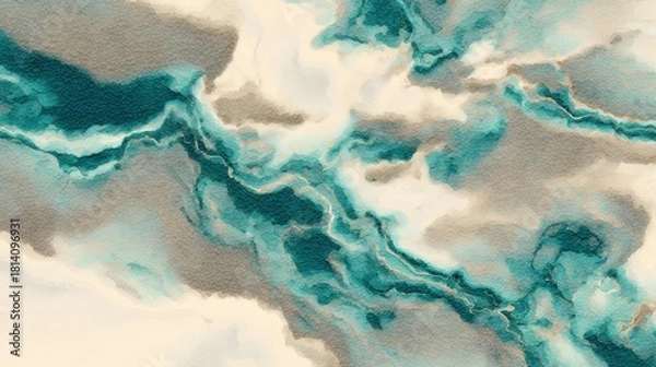 Fototapeta Teal and ivory marbled texture with grey accents abstract background
