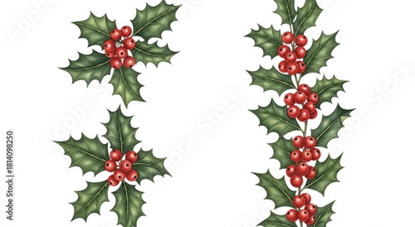 Obraz Watercolor illustration of holly branch with green leaf and red berry isolated on transparent background for christmas decoration element