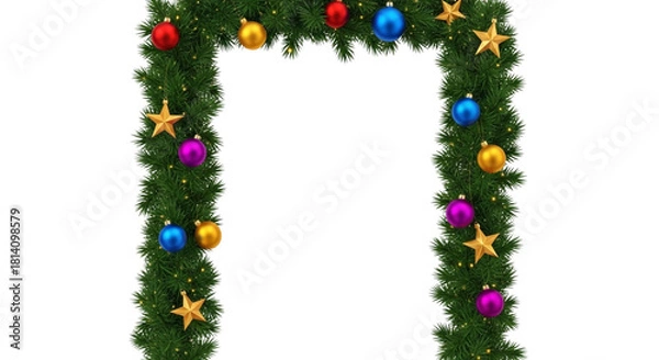 Obraz Christmas archway frame made of green fir tree garland decorated with colorful bauble ornament and gold star shape isolated on transparent background