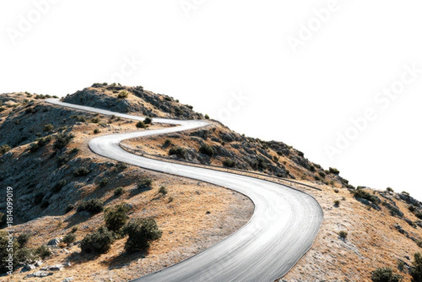 Fototapeta Winding asphalt road on a dry rocky hillside with sparse green bushes curve serpentine, Isolated On Transparent Background, Png Cut Out