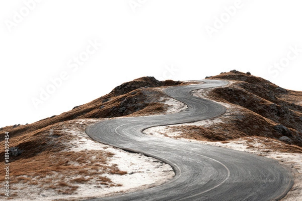 Obraz Winding asphalt road through dry grass hills against black background curve serpentine, Isolated On Transparent Background, Png Cut Out