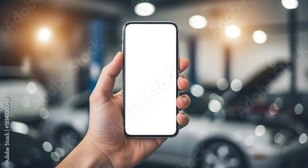 Fototapeta Una persona sostiene un teléfono inteligente en un garaje, enfocándose en el dispositivo mientras un automóvil se ve borroso en el fondo