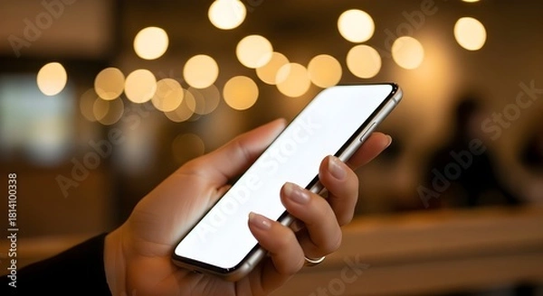 Fototapeta Un primer plano de una persona que sostiene un teléfono inteligente con una pantalla en blanco.
 IA generativa