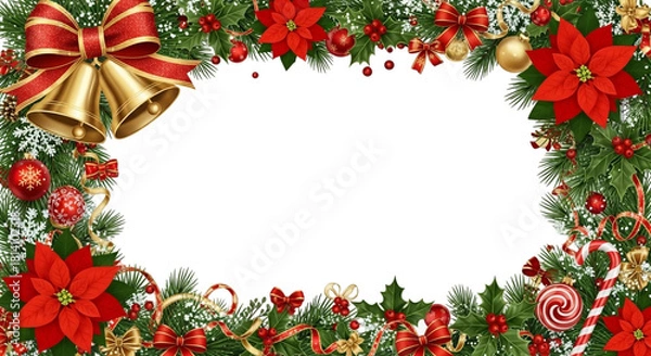 Obraz Christmas frame border with festive decoration including poinsettia flower, golden bell, candy cane, ornament, and pine branch isolated on transparent background