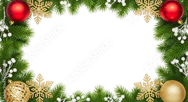 Obraz Christmas frame border made of green fir tree branch decorated with red and gold ornament ball and snowflake cutout isolated on transparent background