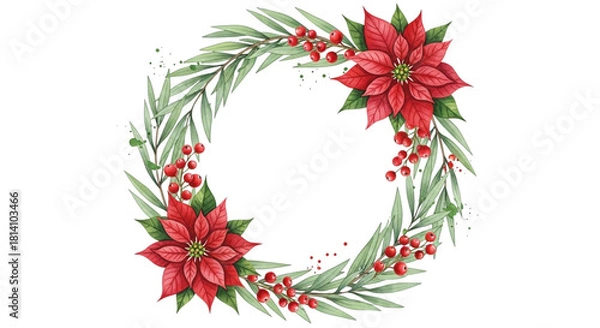 Obraz Watercolor christmas wreath with two red poinsettia flowers, green foliage, and small red berry accents, isolated on transparent background