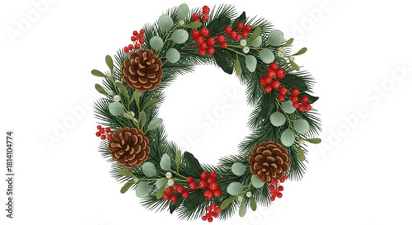 Obraz Realistic illustration of a festive christmas wreath decorated with pine cones, red berries, and green foliage isolated on transparent background