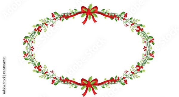 Obraz Elegant oval frame made of holly, mistletoe, and red ribbon bows, perfect for christmas or holiday greeting card design, isolated on transparent background