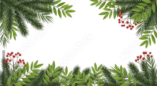 Obraz Festive winter holiday frame border with green fir tree branch and rowan berry foliage decoration isolated on transparent background for christmas or new year greeting card design