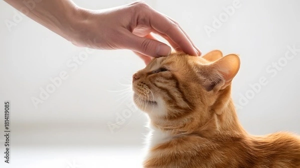 Obraz Gentle hand petting an orange tabby cat s head with affection