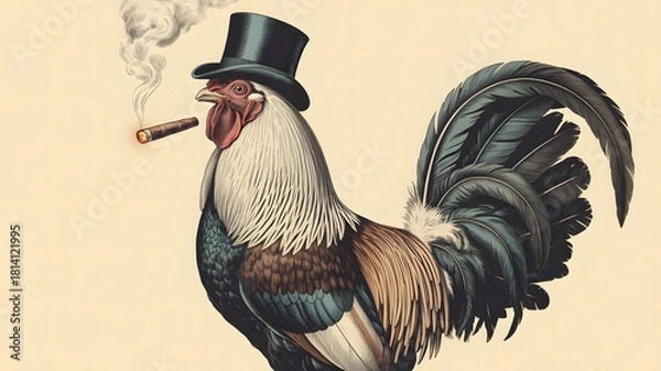 Obraz Sophisticated rooster wearing a top hat and smoking a cigar