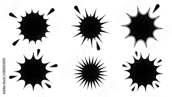 Obraz Collection of six black ink splatter and splash shapes on white background
