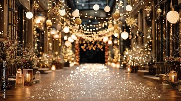 Obraz An opulently decorated indoor corridor with a starry-light floor, hanging golden and white ornaments, metal cage lamps, and red berries creating a festive Christmas atmosphere