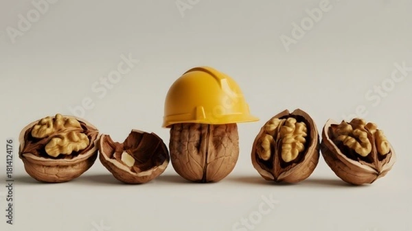 Obraz Whole and cracked walnuts with one walnut wearing a yellow hat