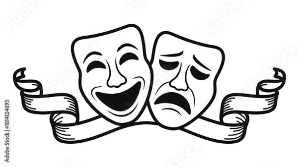 Obraz Classic comedy and tragedy theater masks with ribbon