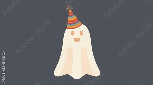 Obraz Cute cartoon ghost wearing a colorful striped party hat on a dark background
