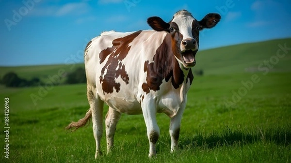 Obraz Brown and white cow standing in a green grassy field under a blue sky
