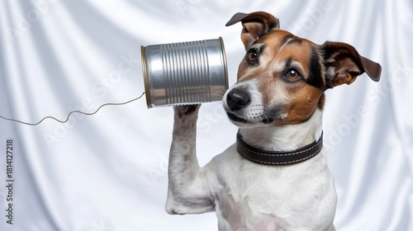 Obraz Cute dog holding a tin can telephone to its ear