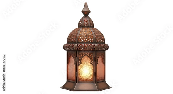 Obraz Ornate bronze moroccan lantern with intricate designs and warm glowing light perfect for home decor and creating an exotic atmosphere on transparent background